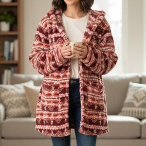 Poppy & Whimsy NEW Maroon/Pink Fleece Hooded Open Cozy Cardigan w/pockets, 3X